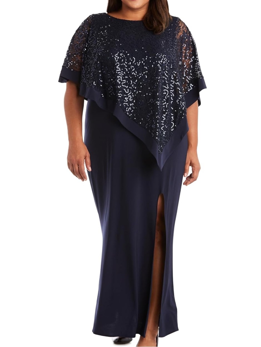 R&M Richards navy blue dress a shimmering lace poncho overlay with sequins NWT